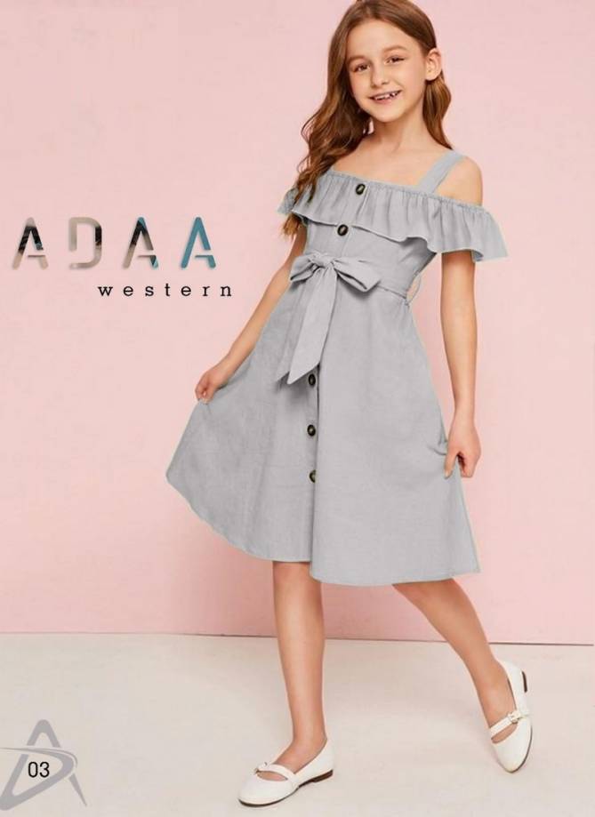 ADAA KIDS Latest Designer Exclusive Fancy Off shoulder frock Westen Style Penguin lycra Kids Wear Collcetion